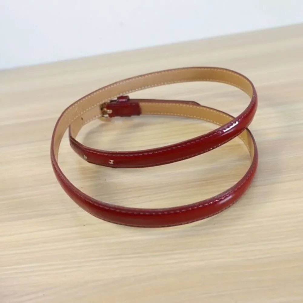 Burgundy Skinny Leather Belt Womens S Red Classic Old Money Japanese Luxury $188
